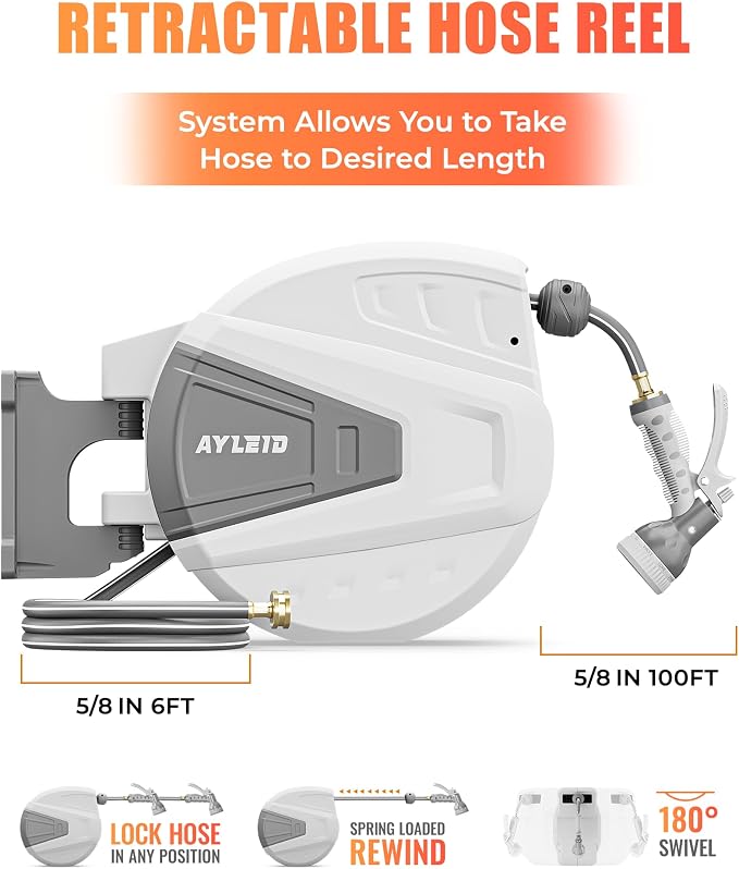 Ayleid Retractable Garden Hose Reel,5/8 in x 100 FT Wall Mounted Hose Reel, with 9- Function Sprayer Nozzle, Any Length Lock/Slow Return System/Wall Mounted/180°Swivel Bracket (Gray)