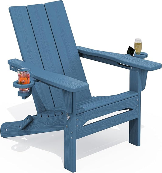 SERWALL Modern Folding Adirondack Chair, All Weather Resistant Outdoor Adirondack Chair with Dual Cup Holders, HDPE Fire Pit Chair for Patio Lawn Garden, Blue
