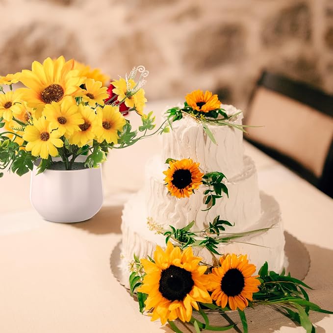 Zeyune 8 Pcs Sunflower Potted Plants Rustic Summer Spring Kitchen Wedding Table Centerpieces Silk Yellow Fake Flower with Plastic Pot for Home Bathroom Office (Stylish,Sunflower)