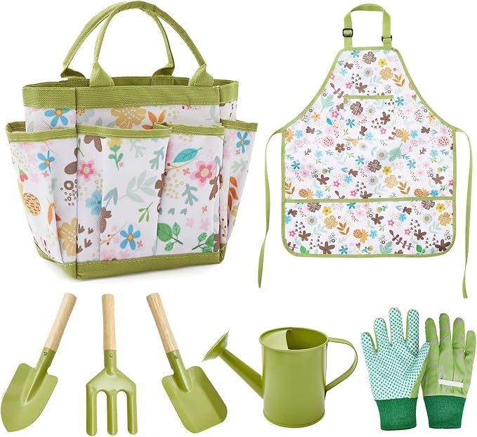 Kids Gardening Set, Gardening Tools Kit for Kids Toddler, Includes Tote Bag, Apron, Gloves, Watering Can, Shovel, Rake, Garden Tool Set Outdoor Toys Gifts for Boys Girls (Green Flower)