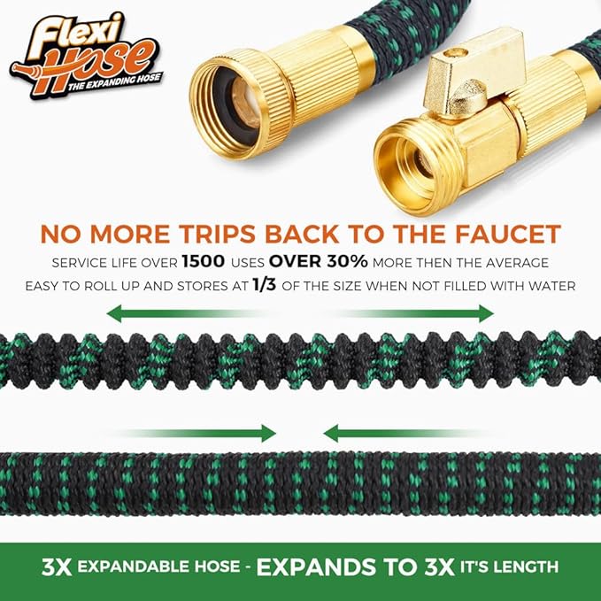 Flexi Hose with 8 Function Nozzle, 25FT - Lightweight Expandable Garden Hose, No-Kink Flexibility, 3/4 Inch Solid Brass Fittings and Double Latex Core - Black and Green