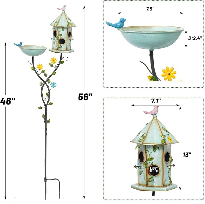 HLQMFHT 56" H Bird Baths and Bird Houses with Pole,Metal Bird Bath Bowl,birdhouses for Outdoors,Bird Bath with Stake,Garden Yard Decor