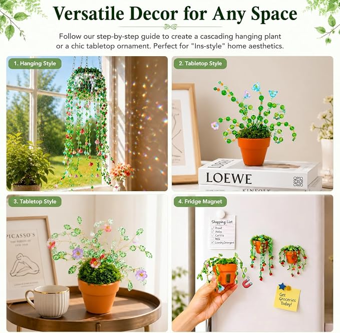 Green Glass Beaded Plant Kit Boho Crystal Suncatcher with Disco Ball Planter DIY Lily of the Valley Premium Glass Flower & Leaf Beads Craft Set for Adults Everlasting Botanical Window Decor Gift