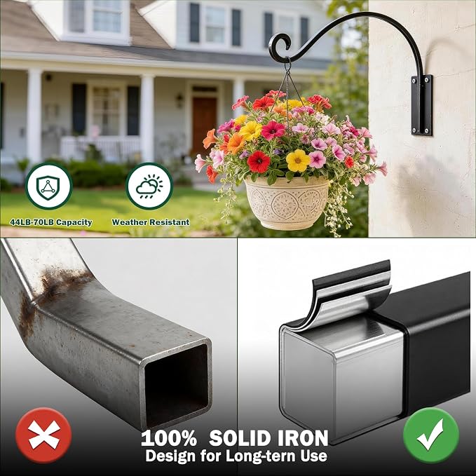 Heavy Duty 12 Inch Plant Hangers Bracket Outdoor, 50lbs Weight Capacity-4 Pack Metal Wall Hooks for Hanging Plants, Bird Feeder, Wind Chime, Wall Decor, Plant Hanger Hooks for Hanging Flower Baskets