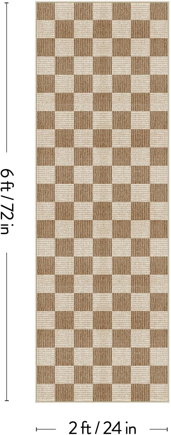 LIVEBOX Washable Runner Rug, 2x6 Brown Runner Rugs for Hallway, Non-Slip Kitchen Runners, Farmhouse Neutral Classic Geometric for Hallways, Entryway, Bedroom, Bathroom(Brown 2'x6')