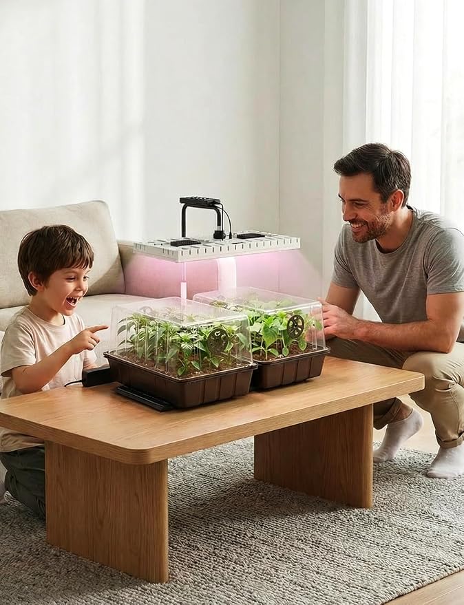 MetryGrow 48W Full Spectrum LED Grow Light Seed Starter Kit, 80-Cell Tray with 30W Heating Mat & Adjustable Dome, Waterproof Germination System for Healthy Indoor Seedlings