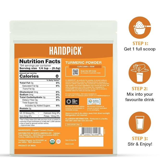 HANDPICK Organic Turmeric Powder with Curcumin (397g/14oz) | Authentic Indian Origin | Gluten Free | Made from Turmeric Root (Packaging may vary)