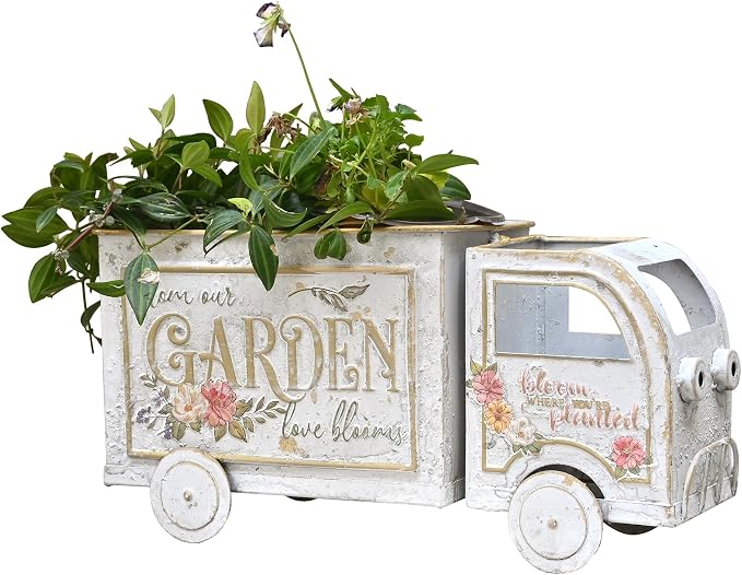 Farmhouse Small Flower Cart Metal Truck Decor Wagon Planters for Outdoor Plants Decorative Planters Vintage Indoor Plant Cart for Patio Garden Balcony