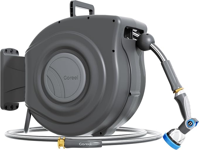 Retractable Garden Hose Reel 1/2 in x 65 ft Heavy Duty Automatic Water Hose Reel with 10-Function Sprayer Nozzle Kink-Free Auto Rewind Any-Length Lock 180° Swivel UV Resistant - Dark Gray