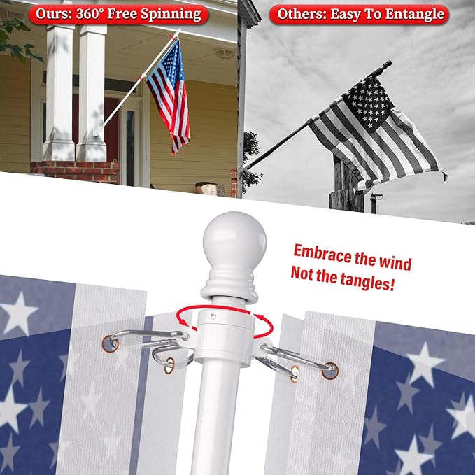 ZMTECH Flag Pole for Outside House - 6 Foot American Flag Pole with Solar Light, 180 Degree Adjustable Flag Holder, Tangle-Free Stainless Steel Outdoor Flagpole Set, 2 Pack White