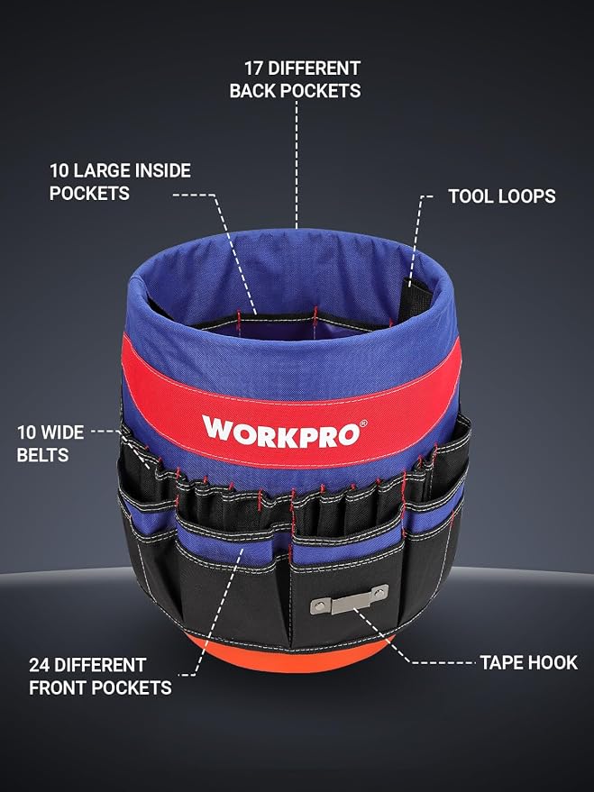 WORKPRO Bucket Tool Organizer with 51 Pockets Fits to 3.5-5 Gallon Bucket (Tools Excluded) | For Garden, Construction, Carpenter, Electrician, Welding