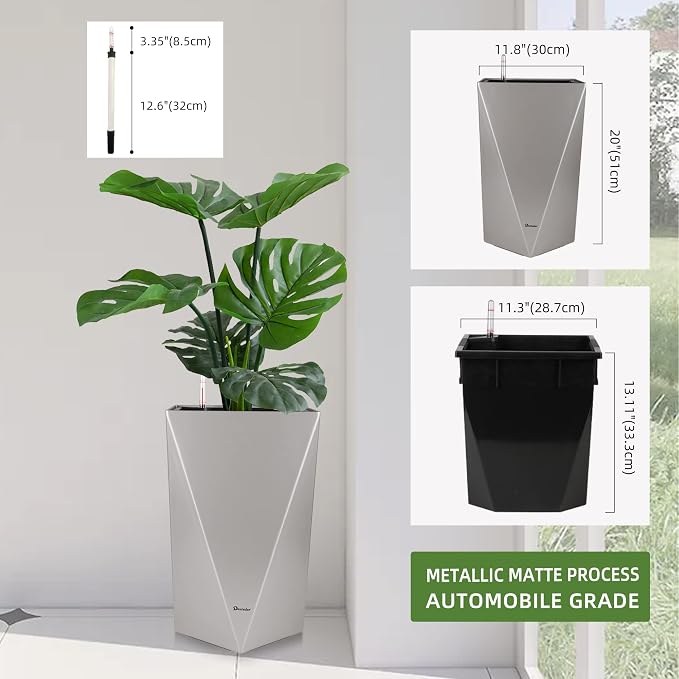 Dexceder 20 Inches Self Watering Tall Planter (Gray) | Diamond Metallic Matte, Thickened Rhombus Large Floor Standing Flower Plant Pot with Water Level Indicator Indoor Outdoor