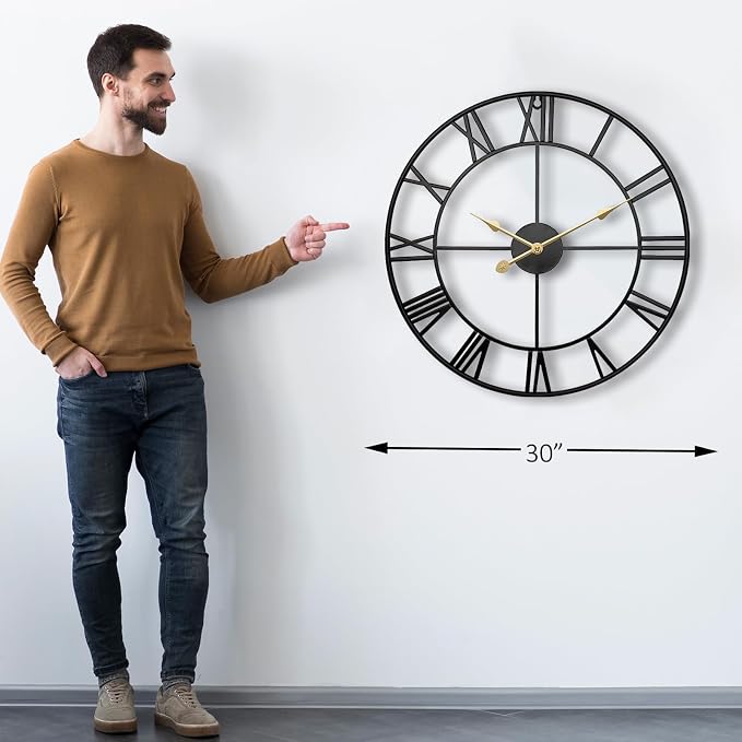 30 Inch Exact Large Outdoor Clock - Black Metal Waterproof Outdoor Clock for Patio, Pool Area, Porch, Garden, Deck - Battery Operated Gaint Vintage Farmhouse Decorative Wall Clock