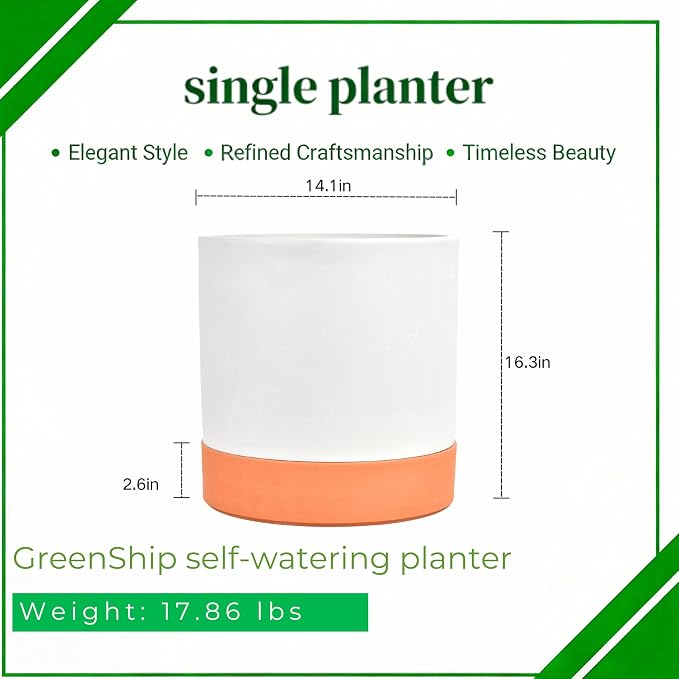 GreenShip 14 inch Self-Watering Cylinder Planter Pot with Saucer & Plugged Drainage Hole – Dual Use: Self-Watering or Traditional Pot – Jun Porcelain Clay & Recycle Resin, Durable & Unbreakable(W/T)