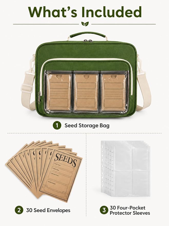 Seed Storage Organizer Bag with 30 Reusable Envelopes & 30 Protective Sleeves, Portable Garden Binder for Vegetable, Flower & Herb Packets, Green