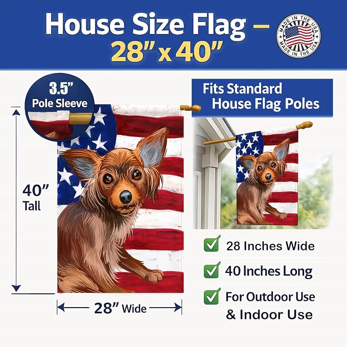 Caroline's Treasures CK6680CHF Russian Toy Dog American Flag House Flag Large Porch Sleeve Pole Decorative Outside Yard Banner Artwork Wall Hanging, Polyester, House Size, Multicolor