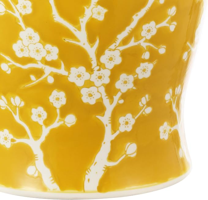 JONATHAN Y Cherry Blossom Ceramic Garden Stool 17.75" Chinoiserie Floral Drum Side Table for Patio and Living Room, Indoor Outdoor Plant Stand, Traditional, Yellow/White TBL1017E