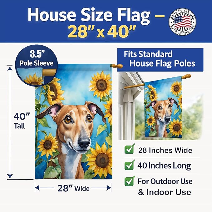 Caroline's Treasures DAC6095CHF Greyhound in Sunflowers House Flag Large Porch Sleeve Pole Decorative Outside Yard Banner Artwork Wall Hanging, Polyester, House Size, Multicolor