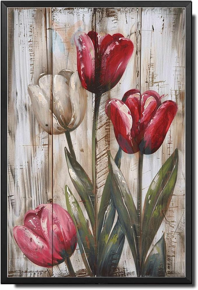 Metal Sign Tin Sign Vintage Wall Art Rustic Tulips Tin Sign for Vintage Style Gardens Shabby Chic Decor and Distressed Wood Panels Vintage Decor for Restaurant 12×16 Inches with Metal Frame