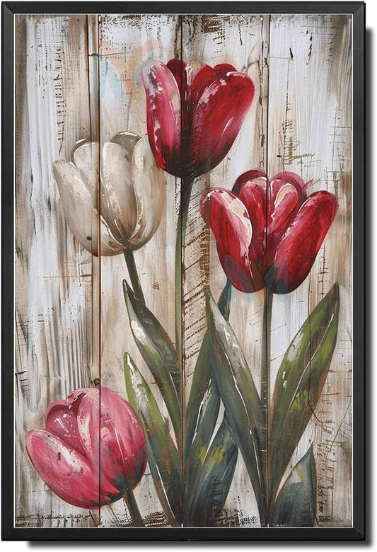 Metal Sign Tin Sign Vintage Wall Art Rustic Tulips Tin Sign for Vintage Style Gardens Shabby Chic Decor and Distressed Wood Panels Vintage Decor for Restaurant 12×16 Inches with Metal Frame