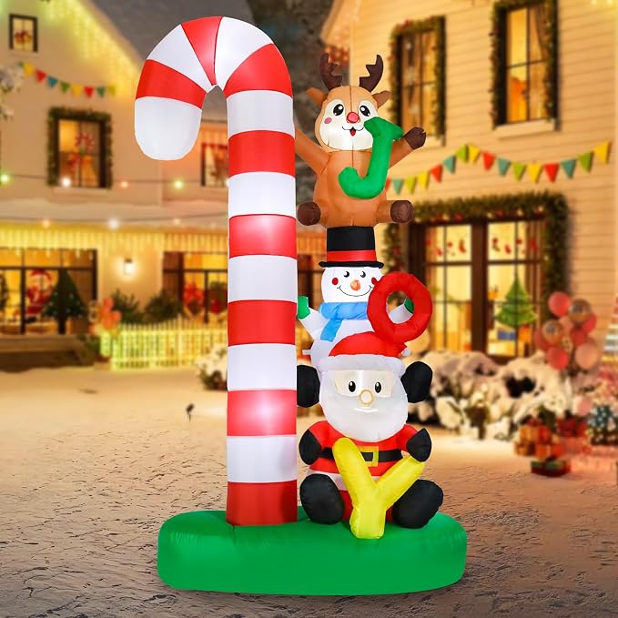 MUMTOP Christmas Inflatable Outdoor Decoration, 7.8 FT Candy Cane Christmas Inflatables with Joy Sign, Elk, Snowman and Santa Blow Up Lighted Holiday Displays for Garden Yard Outside Winter Decor
