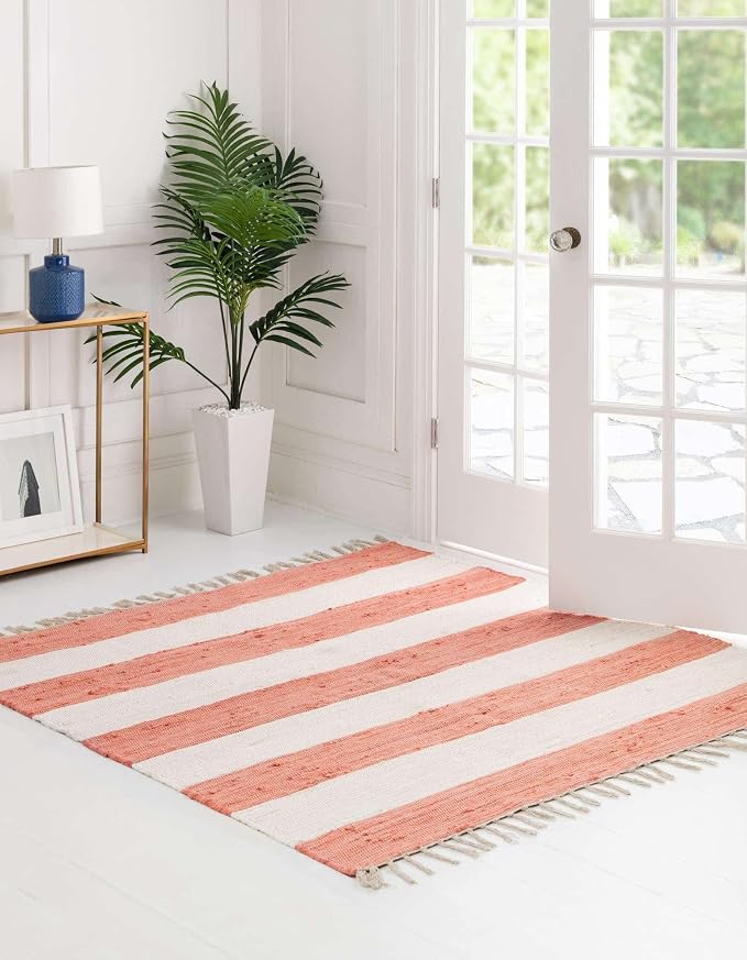 Unique Loom Chindi Rag Collection Area Rug - Striped (5' 1" Square, Coral and Ivory)