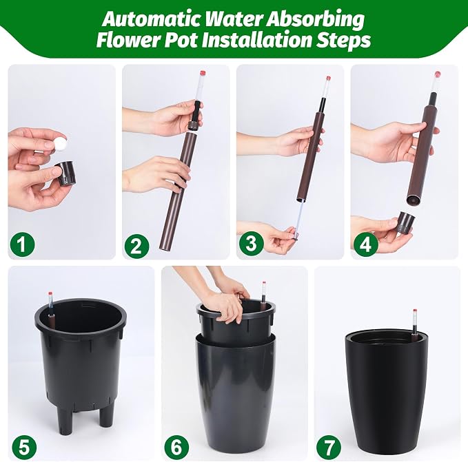 16" Tall Planter Set of 4, Self Watering Pots, Large Planter for Indoor Outdoor Plants, Built-in Drainage and a Water Level Monitor, Tall Planters for Patio, Porch, Living Room, Home Office, Black