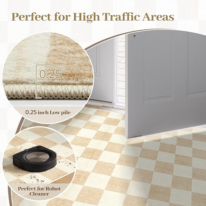 LIVEBOX 8x10 Area Rugs for Living Room, Checkered Non-Slip Washable Rugs, Farmhouse Neutral Classic Geometric Pattern Large Boys Area Rug for Bedroom, Carpet for Dining Room Office(Ivory,8'x10')
