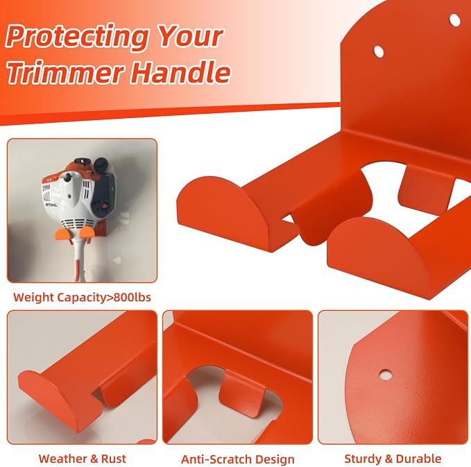 Wall Mount Trimmer Rack 4-Pack, Heavy Duty Weed Eater Hanger for Garage Wall, Garden Power Tool Holder Organizer Hooks for Grass Trimmer, Hedge Trimmer (Orange)