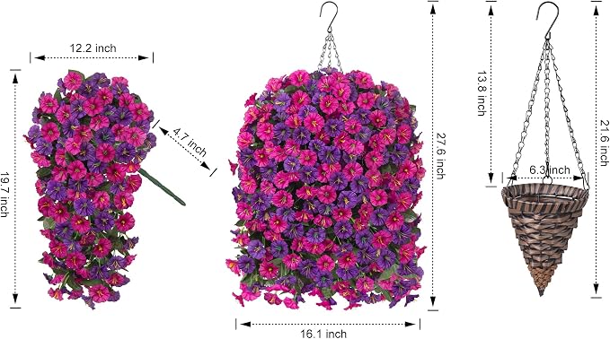 Artificial Fake Hanging Flowers in Basket for Outdoor Indoor Decoration,UV Resistant Faux Silk Dark Purple and Fuchsia Morning Glory Plants Realistic Hanging Planter for Outside Home Porch Yard