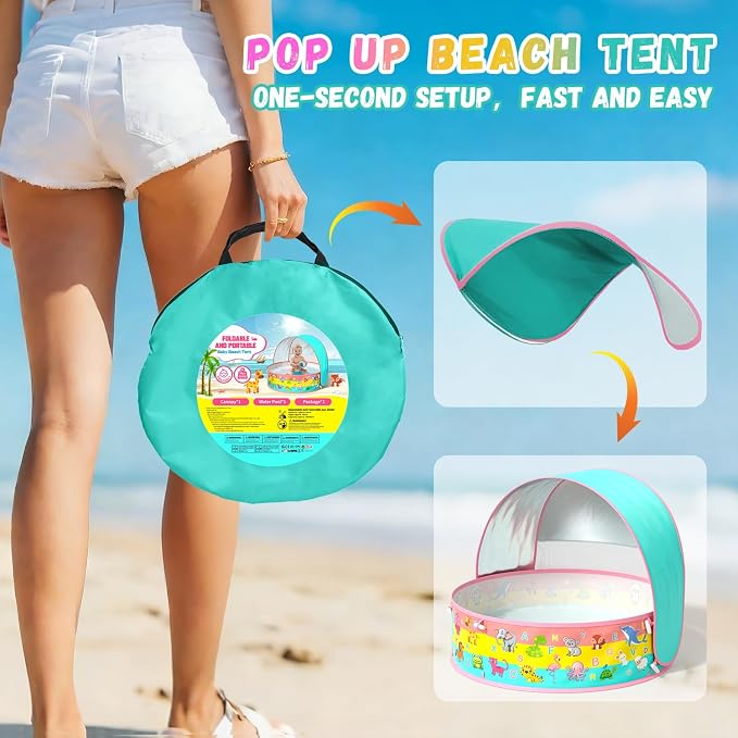 Baby Pool with Canopy, Foldable Kiddie Pool, Pop Up Toddler Pool with Shade-Collapsible Beach Pool for Baby, Portable Summer Water Play for Indoor Outdoor Backyard Beach
