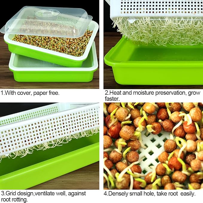 Seed Sprouter Tray with Lid BPA Free PP Sprouting Kit for Beans, Wheatgrass | Food-Grade PP, Soil-Free Large Capacity, Drainage Sprouting Kit for Mung Beans, Microgreens & Hydroponic Growing