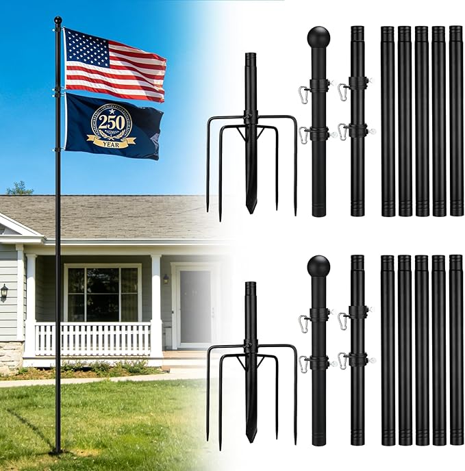 2 Pack 10ft In Ground Flag Pole for Outside House - Fit for 2 Flags Extra Thick Flag Pole Kit with 5 Prongs Base, Windproof Ground Flagpoles for Residential Small Medium Lawn Temporary Event