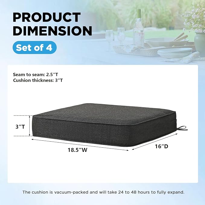 18.5 x 16 Inch Sunbrella Outdoor Chair Cushions with Tie Straps, Set of 4 Thick Water Repellent Rectangle Patio Chair Pads for Garden Lawn Patio Furniture, Canvas Soot