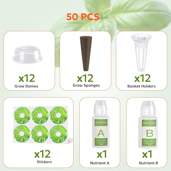 owltron 50 Pcs Hydroponic Seed Pods Kits, Grow Anything Kit Pod for Indoor Herb Garden with 12 Sponges, 2 A&B Nutrient Plant Food, 12 Baskets, 12 Stickers, 12 Germination Domes（Round)