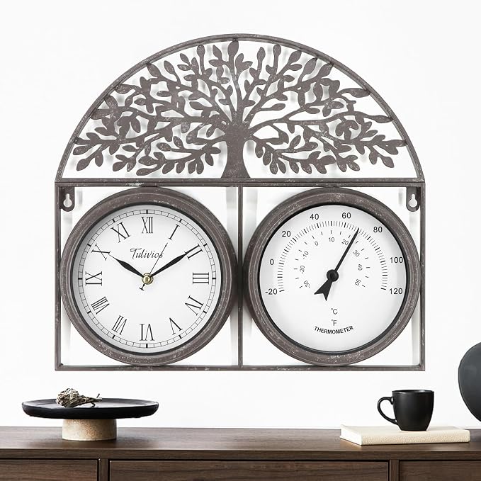 17Inch Large Outdoor Clock,Waterproof Wall Clock with Thermometer,Weatherproof Non-Ticking Quartz Battery Operated Decor Clock for Patio,Garden,Pool,Porch,House Warming Gifts