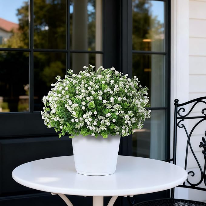 Artificial Eucalyptus with Baby's Breath Topiary Ball Trees - 2 Set Plastic Faux Eucalyptus Plants in Pot, Sun Resistant Fake Greenery Potted Bushes for Front Door Farmhouse Garden Porch Decor