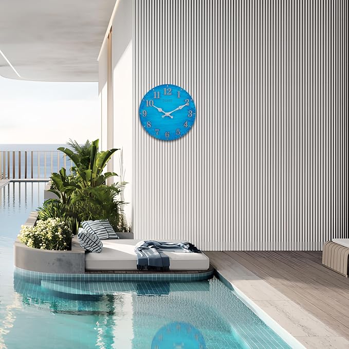 OCEST 12 Inch Indoor Outdoor Clock, Waterproof Resin Outdoor Wall Clock, Silent Non-Ticking Battery Operated Decor for Garden Pool Patio (Blue)