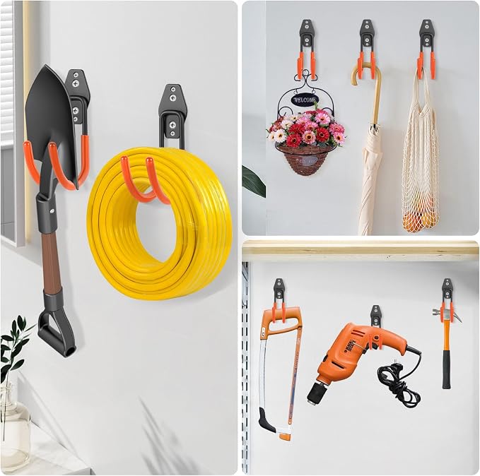 Upgraded Garage Hooks, 6 Pack Heavy Duty Wall Mount Steel Utility Hooks, Storage System Hooks for Power Tools, Garden Hose, Ladder, Bike, Cords, and More