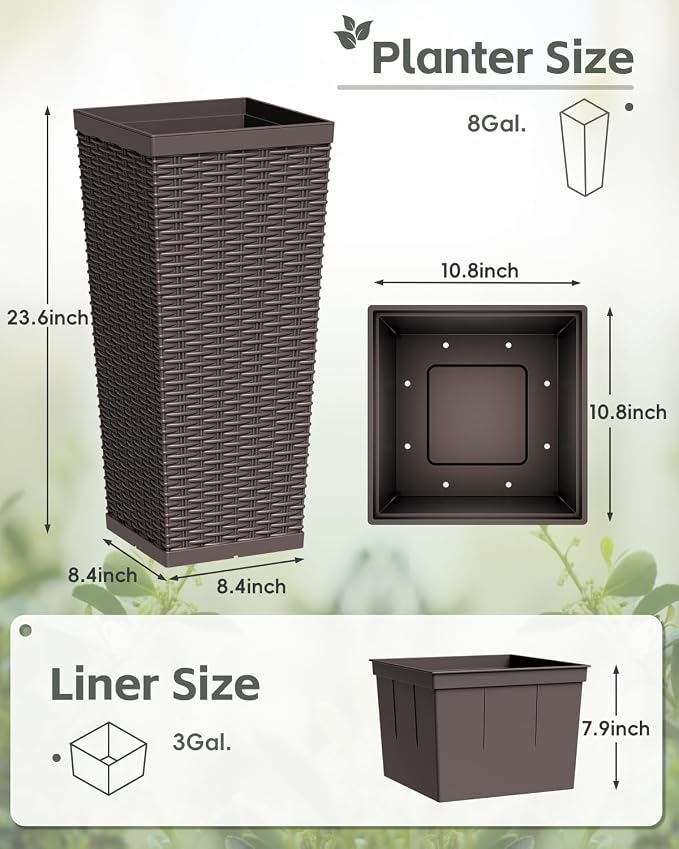 Greesum 23 Inch Tall Plastic Planters (Set of 2), Large Outdoor Flower Pots with Detachable Inner Pot & Drainage Holes for Plants, Trees, Patio, and Garden, Brown