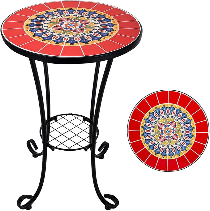 Mosaic Outdoor Side Table Small Round Patio Table Plant Stand | 21" Accent End Table with 14" Ceramic Tile Top for Small Spaces Porch Pool Garden Decor Indoor Living Room Bedroom Balcony