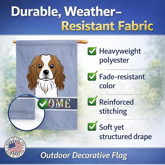Caroline's Treasures BB1410CHF Cavalier Spaniel Welcome House Flag, Blue Large Porch Sleeve Pole Decorative Outside Yard Banner Artwork Wall Hanging, Polyester, House Size, Multicolor