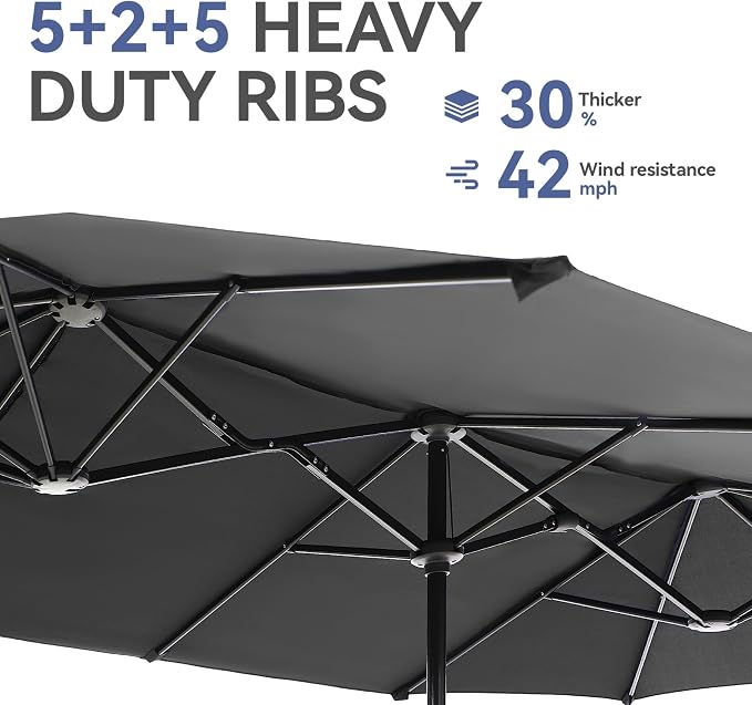 GREEN PARTY 13ft Rectangle Patio Umbrella, Double Sided Outdoor Table Umbrella with Crank & 1.5" Pole, Large Market Umbrella for Poolside Garden Deck Backyard, Smoky Gray