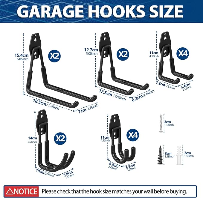 3-H Heavy Duty Garage Hooks, 14 Pack Wall Storage Organizer,Black