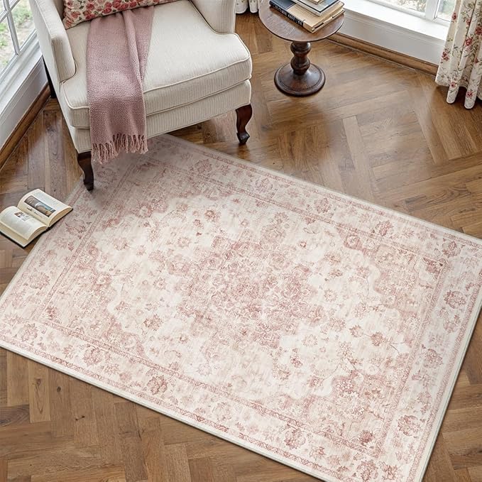 3x5 Pink Neutral Area Rug | Washable, Non Slip, Soft Low Pile, Vintage Farmhouse, for Entryway Kitchen Bathroom Living Room Bedroom Indoor Home Decor