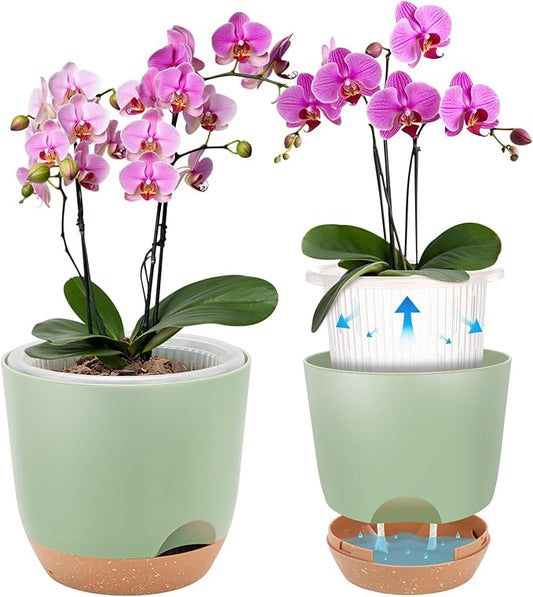 3Packs Self Watering Orchid Pots for Indoor Plants,5.8 Inch Macetas para Orqudeas,Flower Pots for Indoor Plants with Holes(Green)
