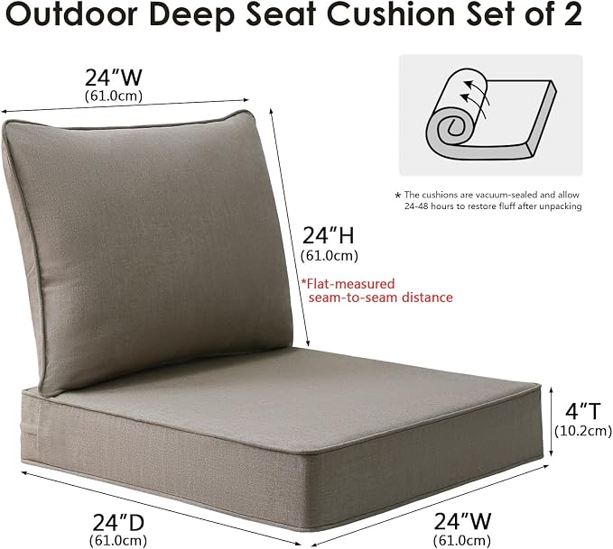 Unimatta Sunbrella Outdoor Patio Chair Cushions Set, 24" x 24"(24x24 Back), Set of 2, Water-Repellent, Fade Resistant, Deep Seat Bottom and Back Cushion for Backyard, Couch, Sofa, Cast Shale