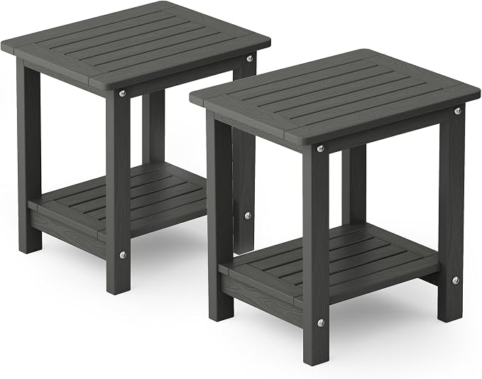 YEFU Outdoor Side Table for Patio: 16" HIPS Weather - Resistant Adirondack Tables Set of 2 - Small Square End Table for Backyard Living Room Bedroom - Indoor Outdoor Double Layer Table Dark Grey