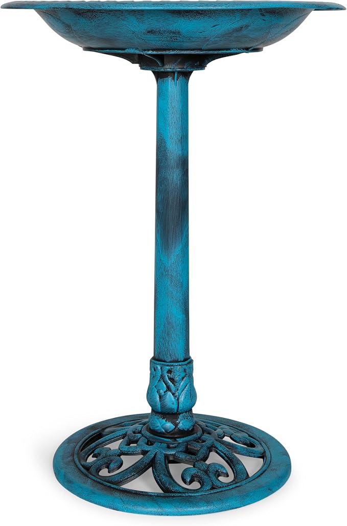 Backyard Expressions Outdoor Garden Bird Bath - Blue - Weather Resistant Polyresin - 27 Inch