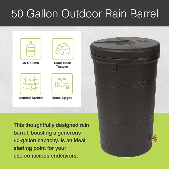 Good Ideas Aspen 50 Gallon Capacity Outdoor Rain Barrel Water Storage Collector Saver with Brass Spigot and Removable Lid, Oak Brown